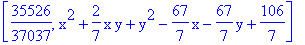 [35526/37037, x^2+2/7*x*y+y^2-67/7*x-67/7*y+106/7]